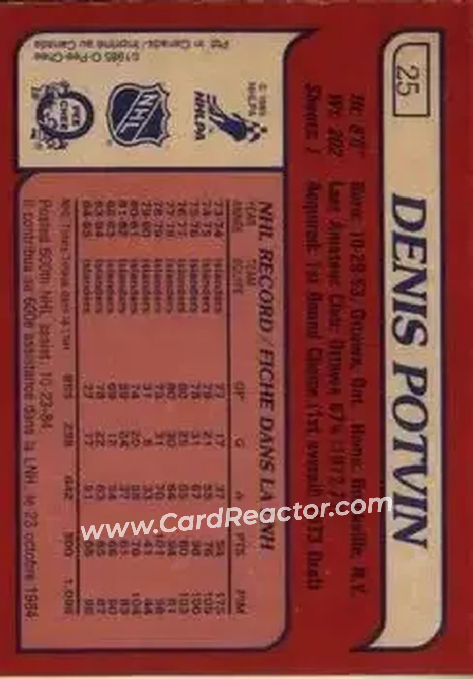 1985-86 O-Pee-Chee #25 - Denis Potvin - New York Islanders - Back