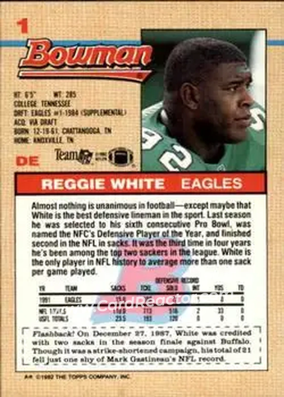 1992 Bowman #1 - Reggie White - Philadelphia Eagles - Back