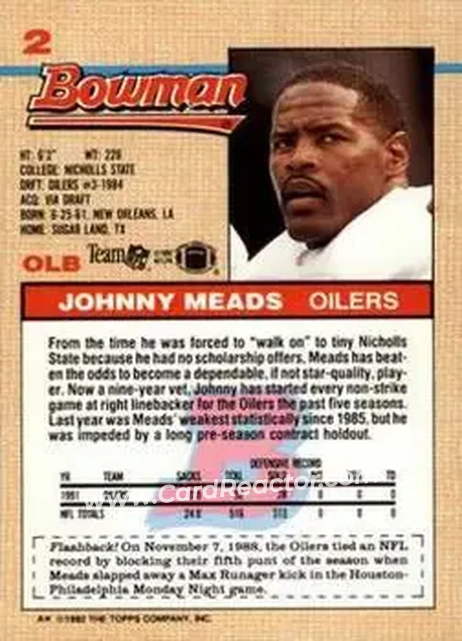 1992 Bowman #2 - Johnny Meads - Houston Oilers - Back