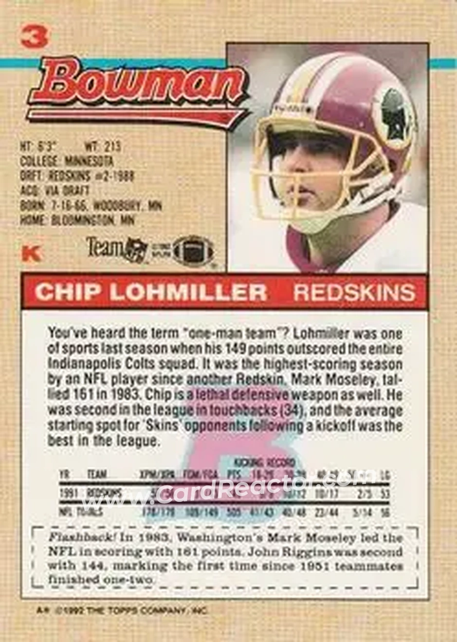 1992 Bowman #3 - Chip Lohmiller - Washington Redskins - Back