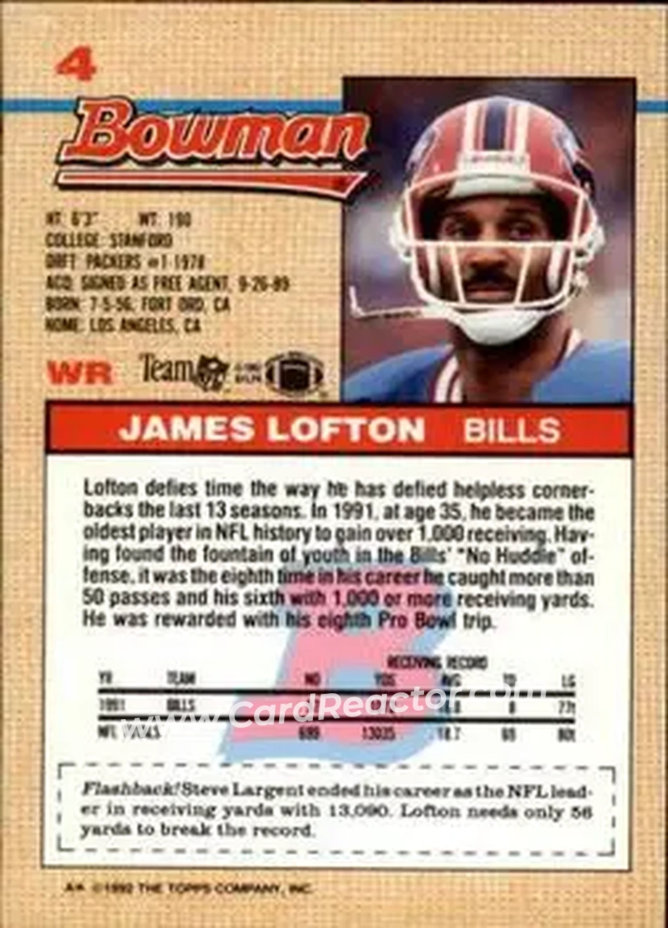 1992 Bowman #4 - James Lofton - Buffalo Bills - Back
