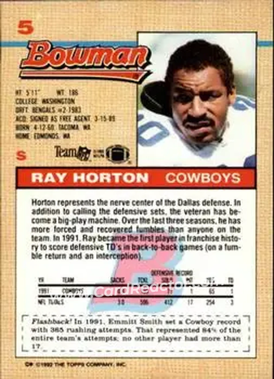 1992 Bowman #5 - Ray Horton - Dallas Cowboys - Back