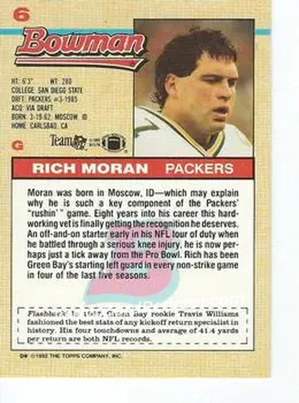 1992 Bowman #6 - Rich Moran - Green Bay Packers - Back 1992 Bowman #6 - Rich Moran - Green Bay Packers - Back
