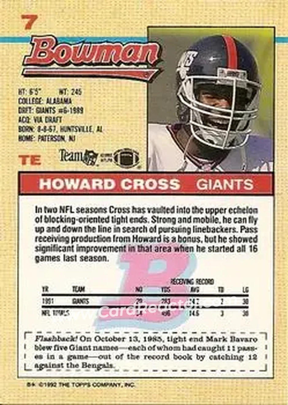 1992 Bowman #7 - Howard Cross - New York Giants - Back