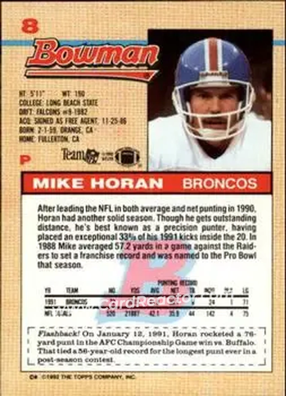 1992 Bowman #8 - Mike Horan - Denver Broncos - Back 1992 Bowman #8 - Mike Horan - Denver Broncos - Back