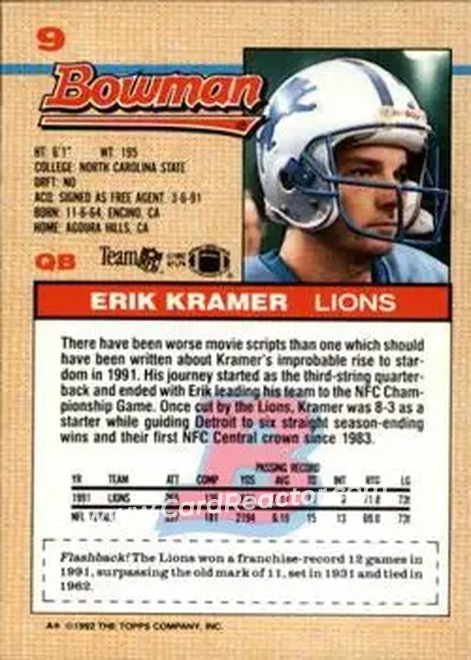 1992 Bowman #9 - Erik Kramer - Detroit Lions - Back