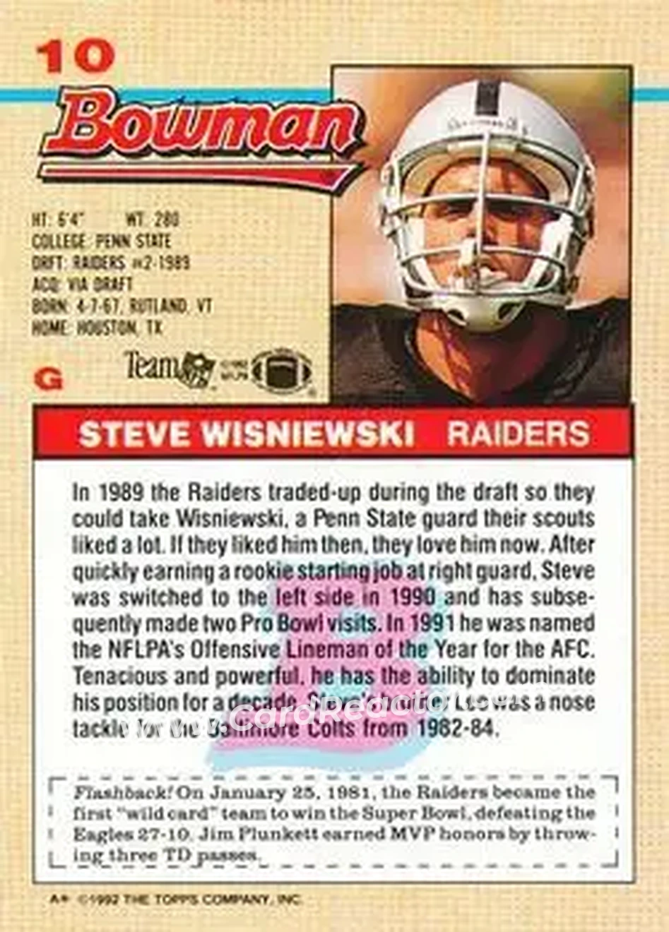 1992 Bowman #10 - Steve Wisniewski - Los Angeles Raiders - Back