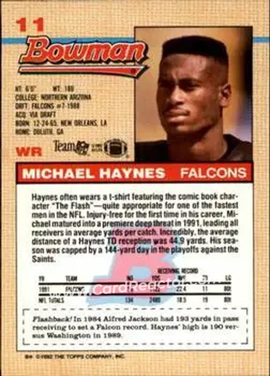 1992 Bowman #11 - Michael Haynes - Atlanta Falcons - Back