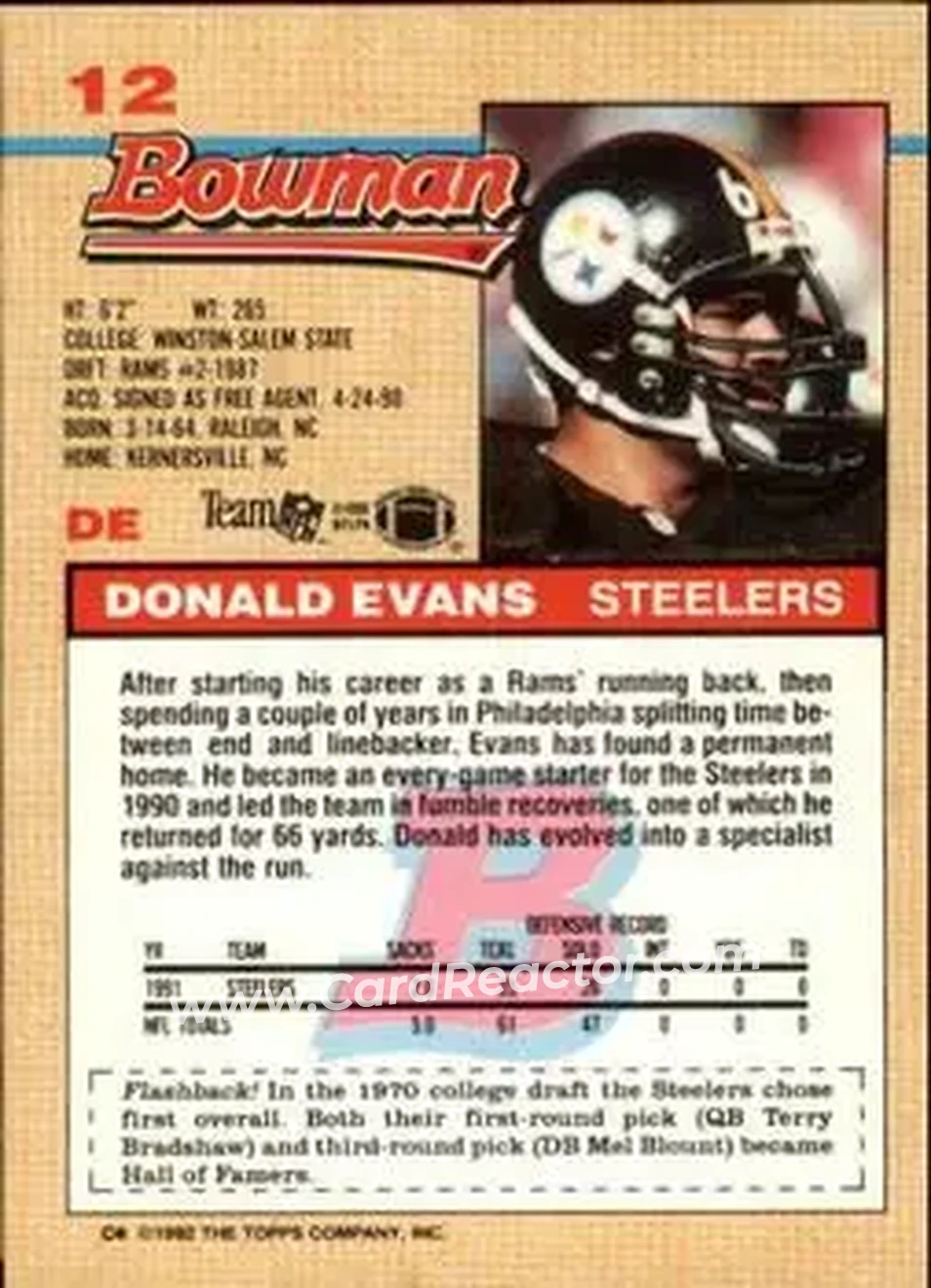 1992 Bowman #12 - Donald Evans - Pittsburgh Steelers - Back