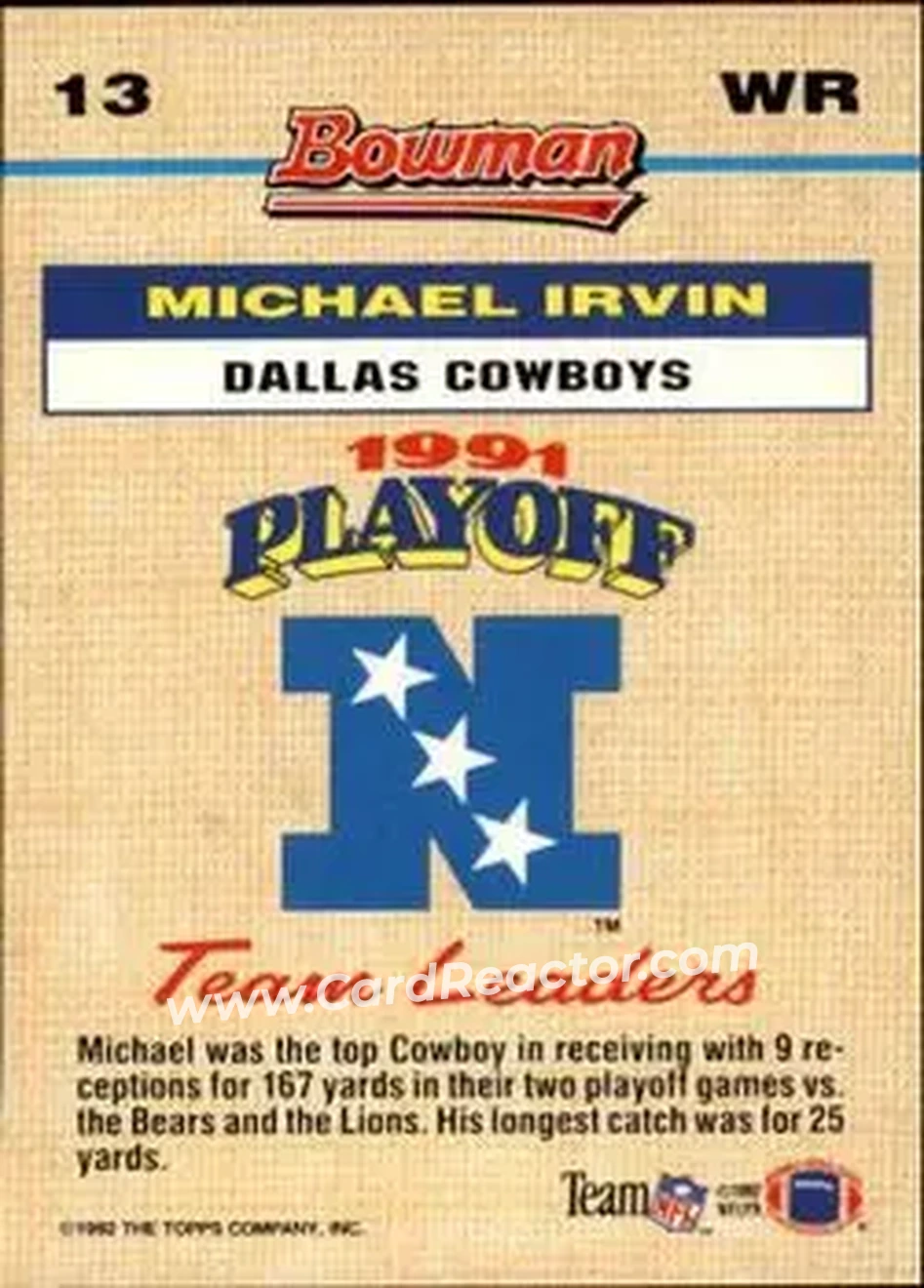1992 Bowman #13 - Michael Irvin - Dallas Cowboys - Back