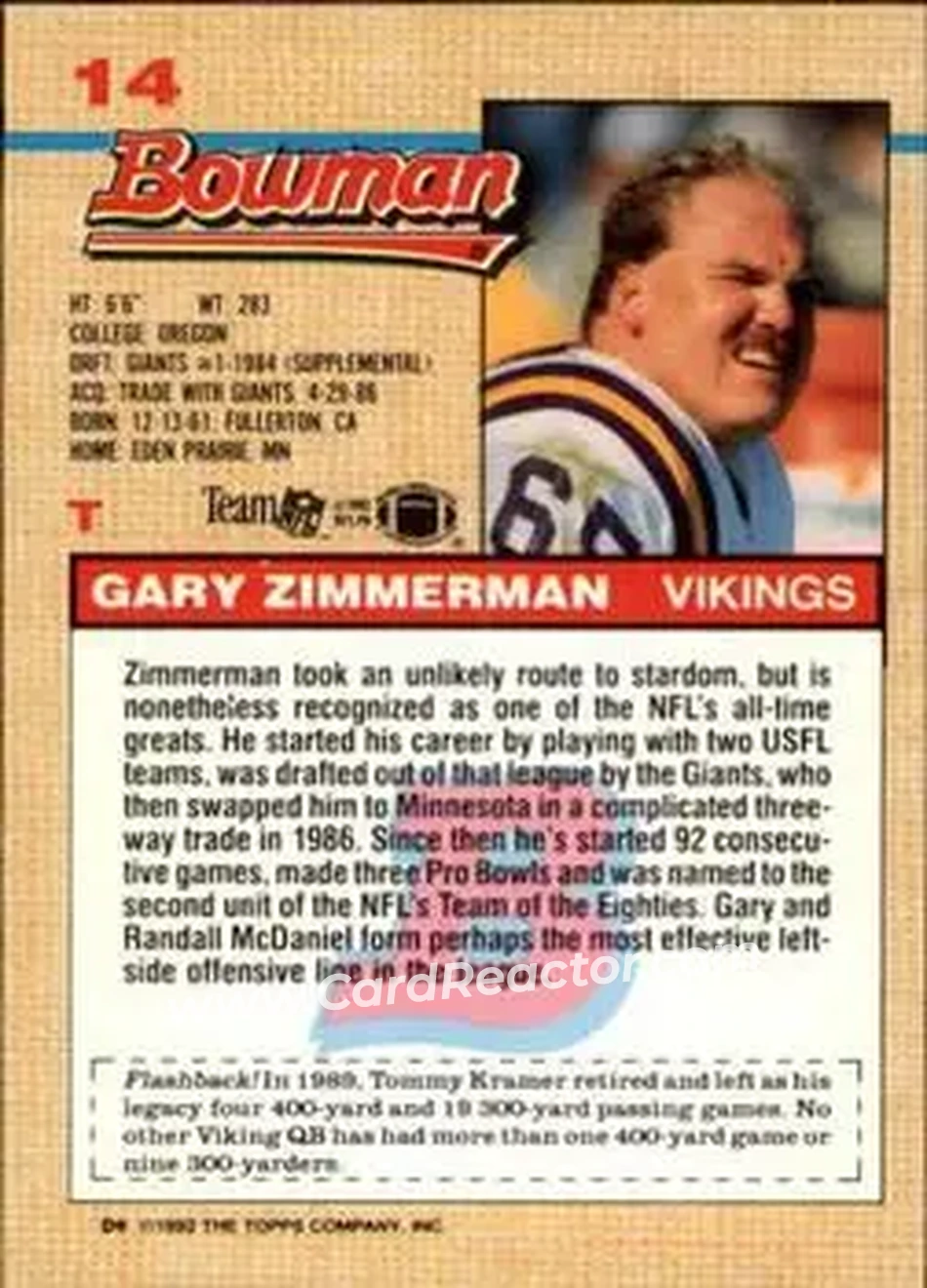 1992 Bowman #14 - Gary Zimmerman - Minnesota Vikings - Back 1992 Bowman #14 - Gary Zimmerman - Minnesota Vikings - Back