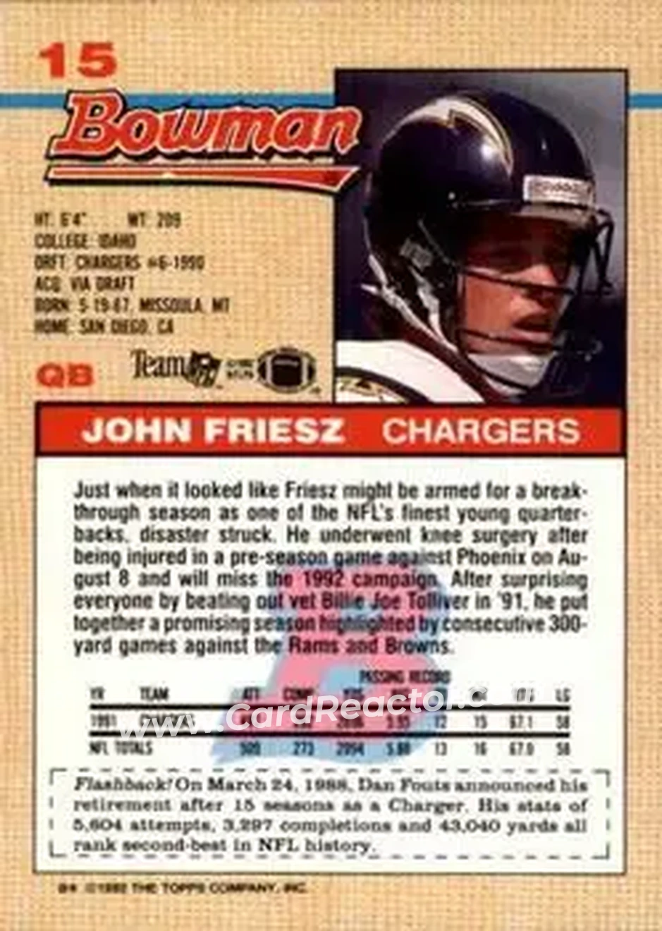 1992 Bowman #15 - John Friesz - San Diego Chargers - Back