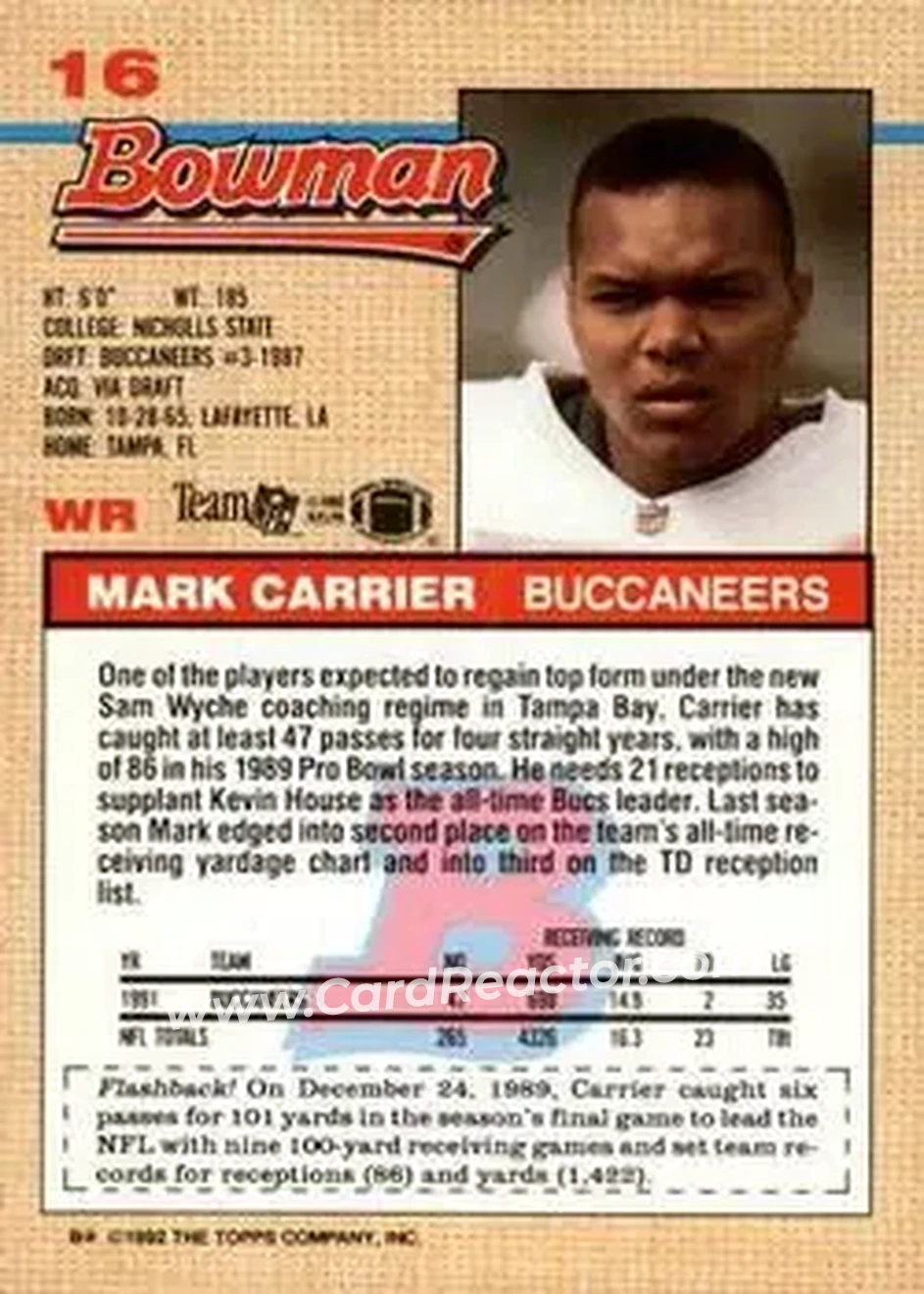 1992 Bowman #16 - Mark Carrier - Tampa Bay Buccaneers - Back