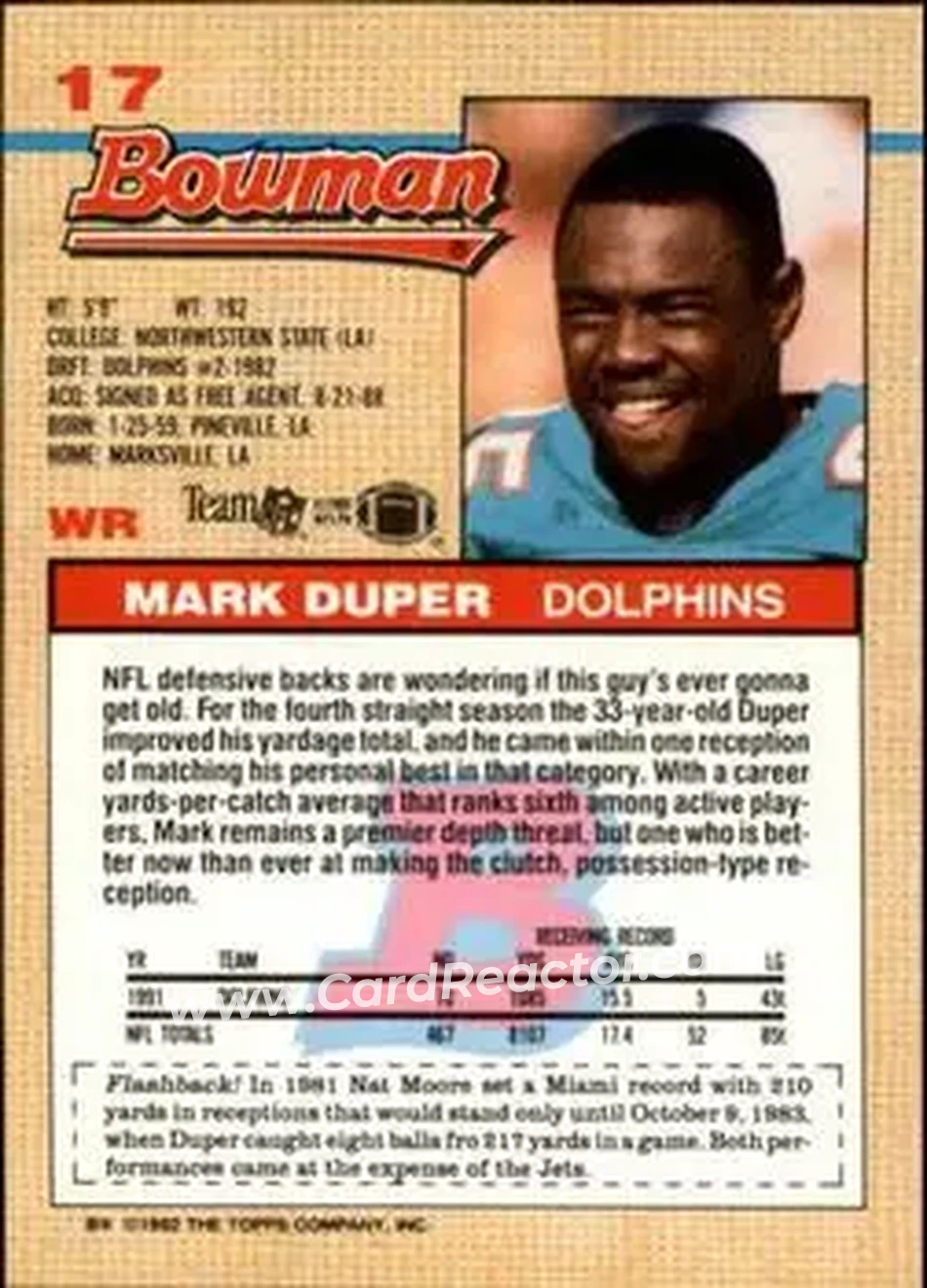 1992 Bowman #17 - Mark Duper - Miami Dolphins - Back