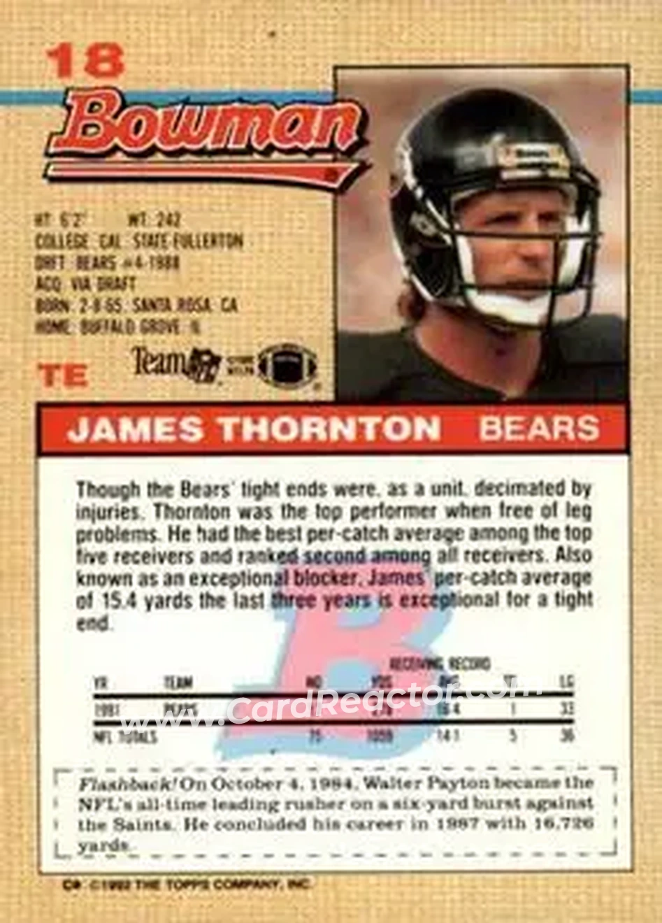 1992 Bowman #18 - James Thornton - Chicago Bears - Back