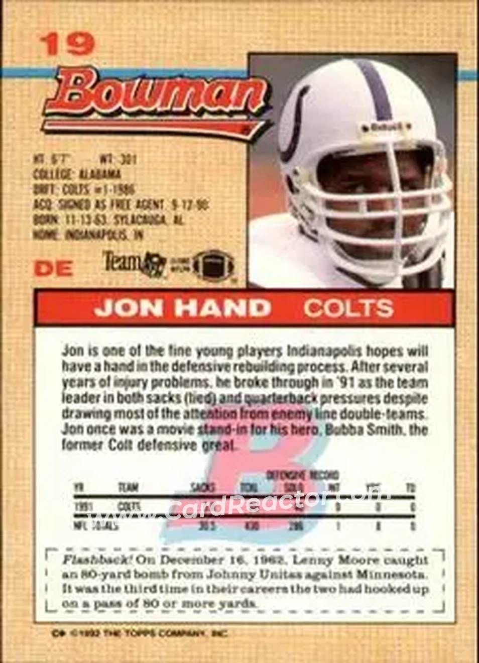 1992 Bowman #19 - Jon Hand - Indianapolis Colts - Back