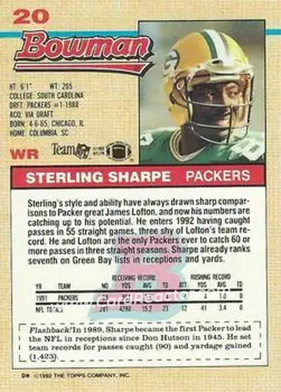 1992 Bowman #20 - Sterling Sharpe - Green Bay Packers - Back