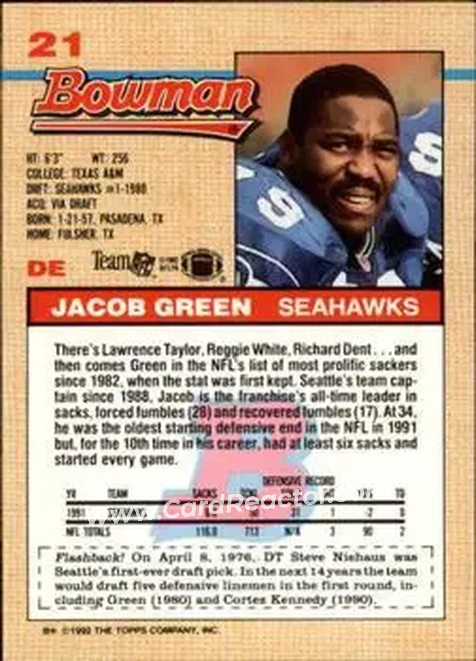 1992 Bowman #21 - Jacob Green - Seattle Seahawks - Back
