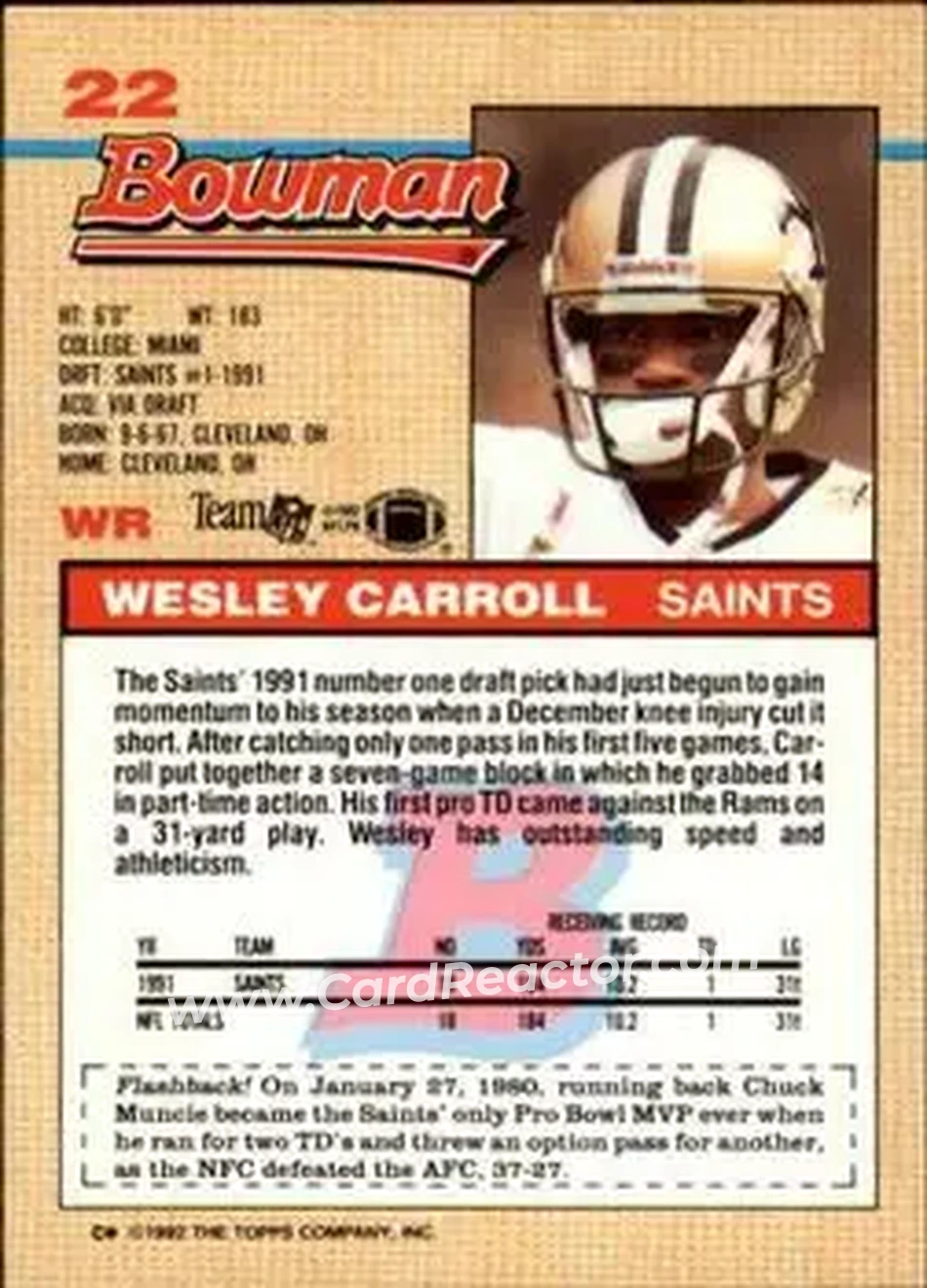 1992 Bowman #22 - Wesley Carroll - New Orleans Saints - Back
