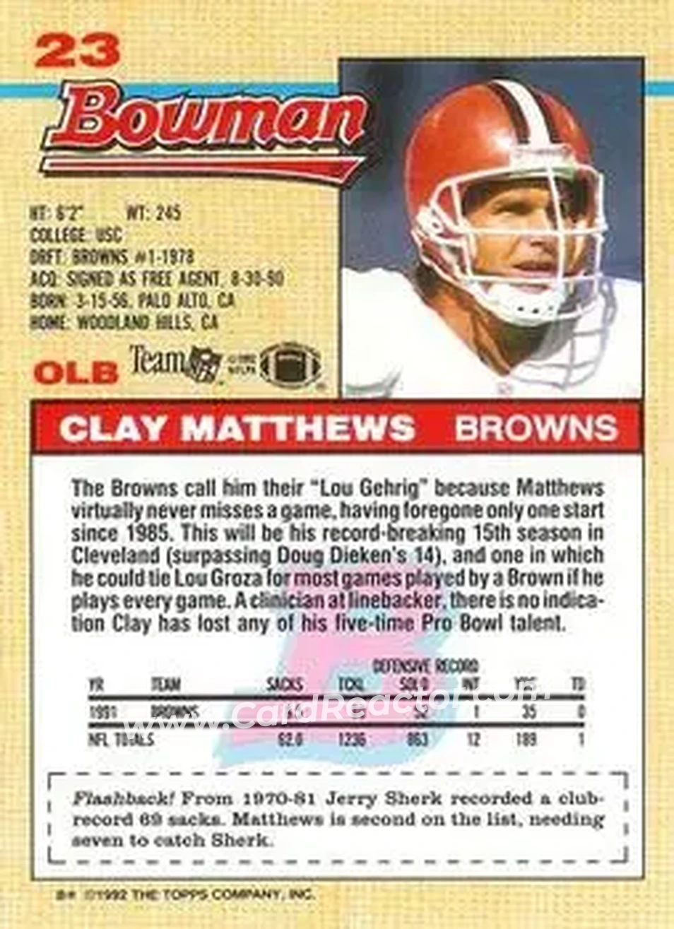 1992 Bowman #23 - Clay Matthews - Cleveland Browns - Back