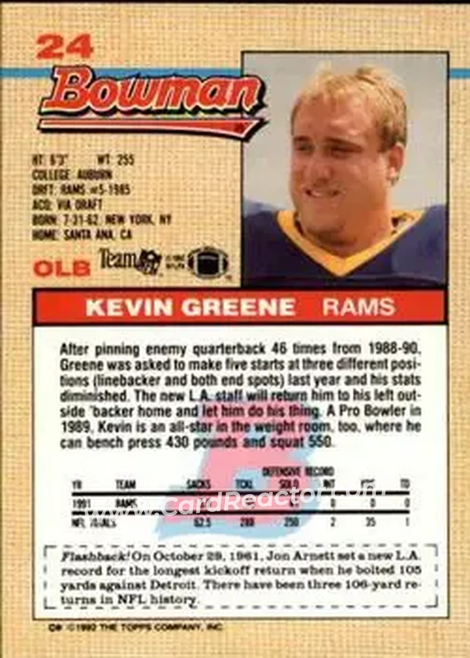 1992 Bowman #24 - Kevin Greene - Los Angeles Rams - Back