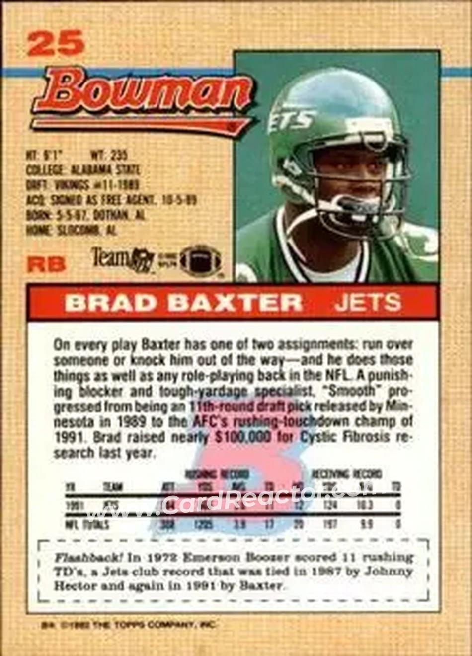 1992 Bowman #25 - Brad Baxter - New York Jets - Back