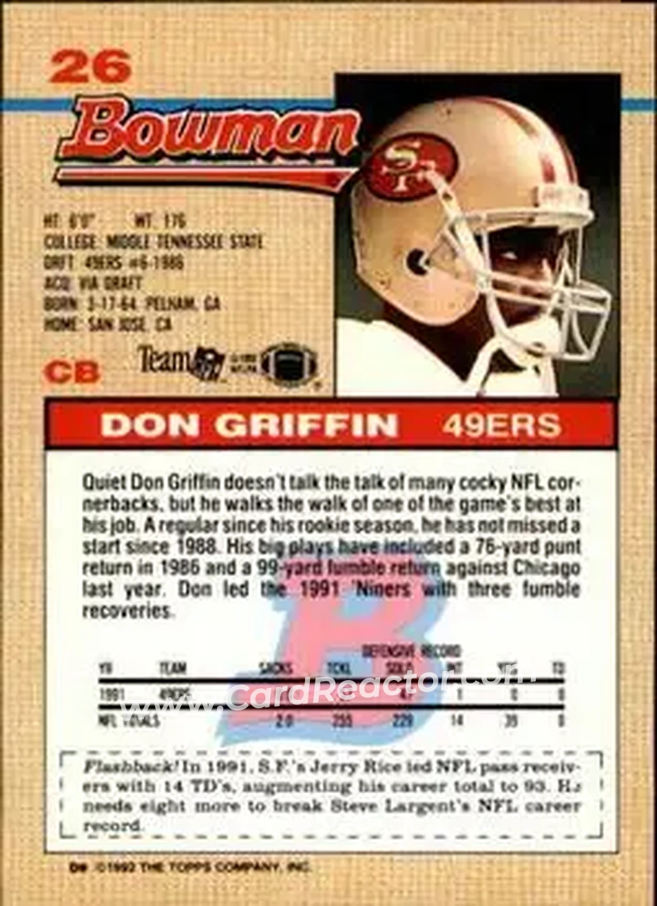1992 Bowman #26 - Don Griffin - San Francisco 49ers - Back