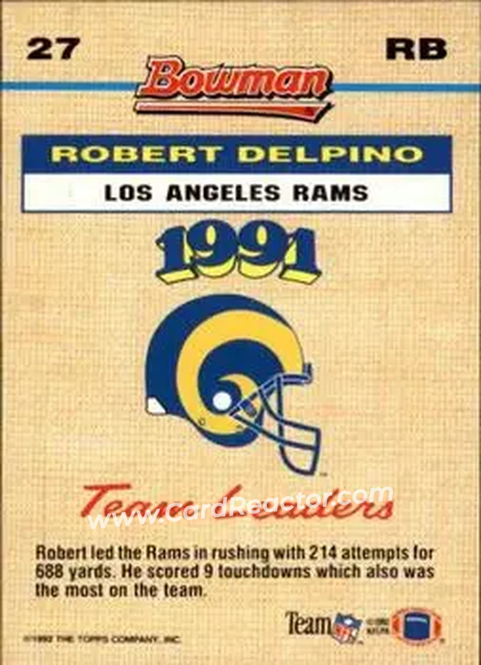 1992 Bowman #27 - Robert Delpino - Los Angeles Rams - Back