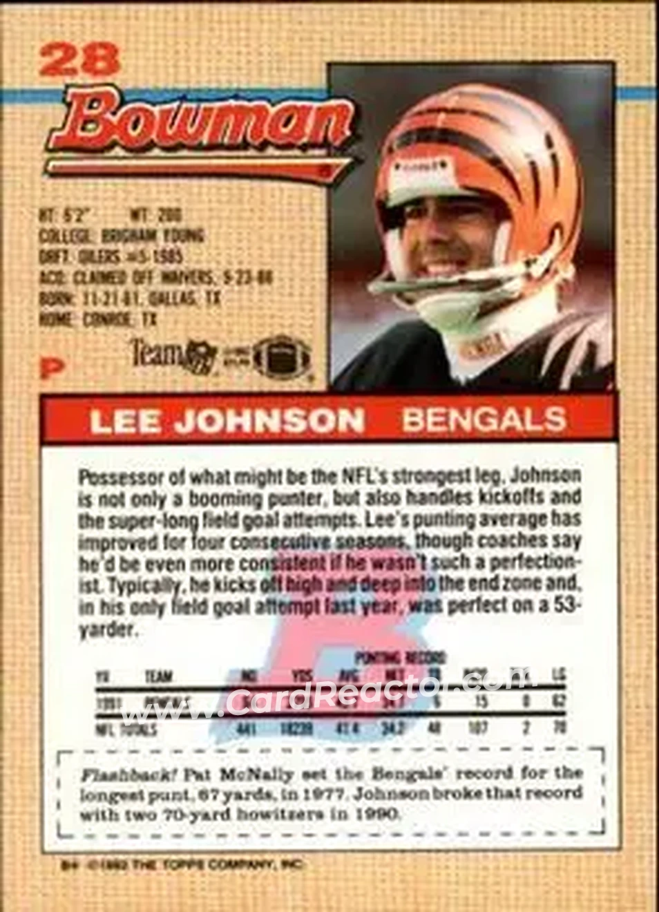 1992 Bowman #28 - Lee Johnson - Cincinnati Bengals - Back