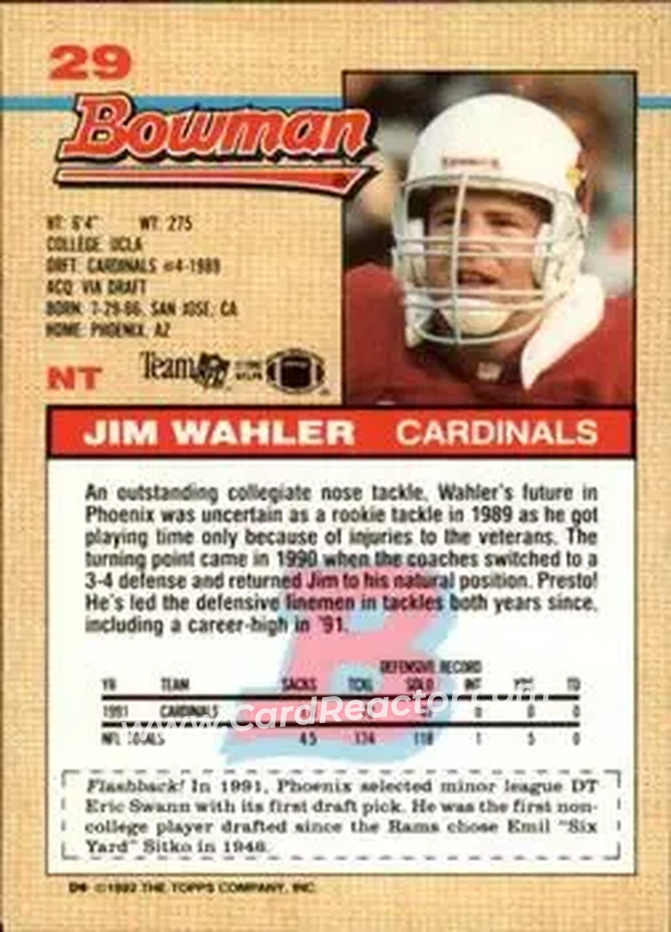 1992 Bowman #29 - Jim Wahler - Phoenix Cardinals - Back 1992 Bowman #29 - Jim Wahler - Phoenix Cardinals - Back