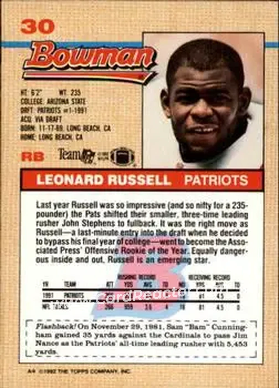 1992 Bowman #30 - Leonard Russell - New England Patriots - Back