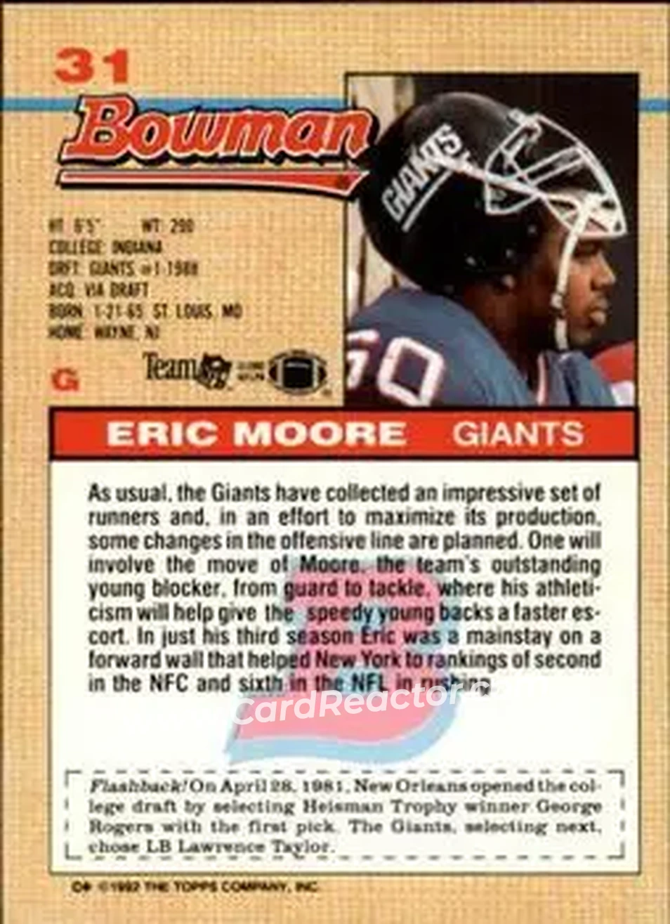 1992 Bowman #31 - Eric Moore - New York Giants - Back