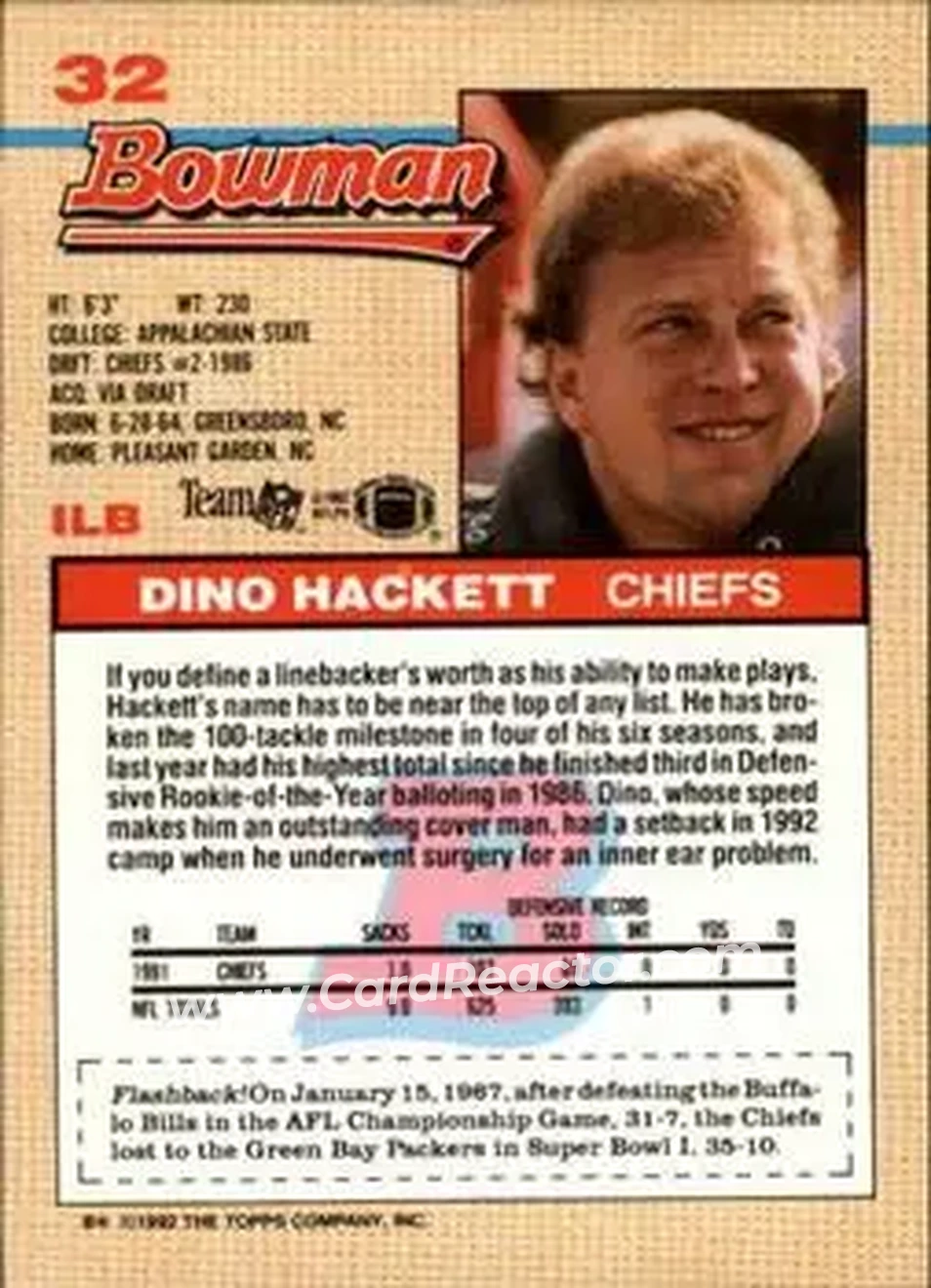 1992 Bowman #32 - Dino Hackett - Kansas City Chiefs - Back