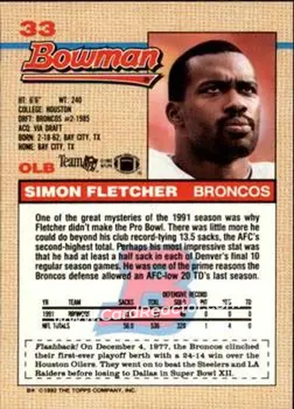 1992 Bowman #33 - Simon Fletcher - Denver Broncos - Back