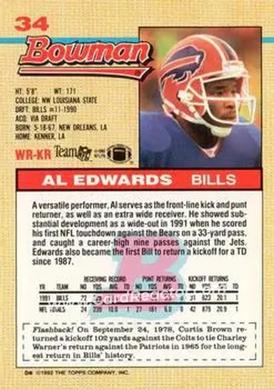 1992 Bowman #34 - Al Edwards - Buffalo Bills - Back