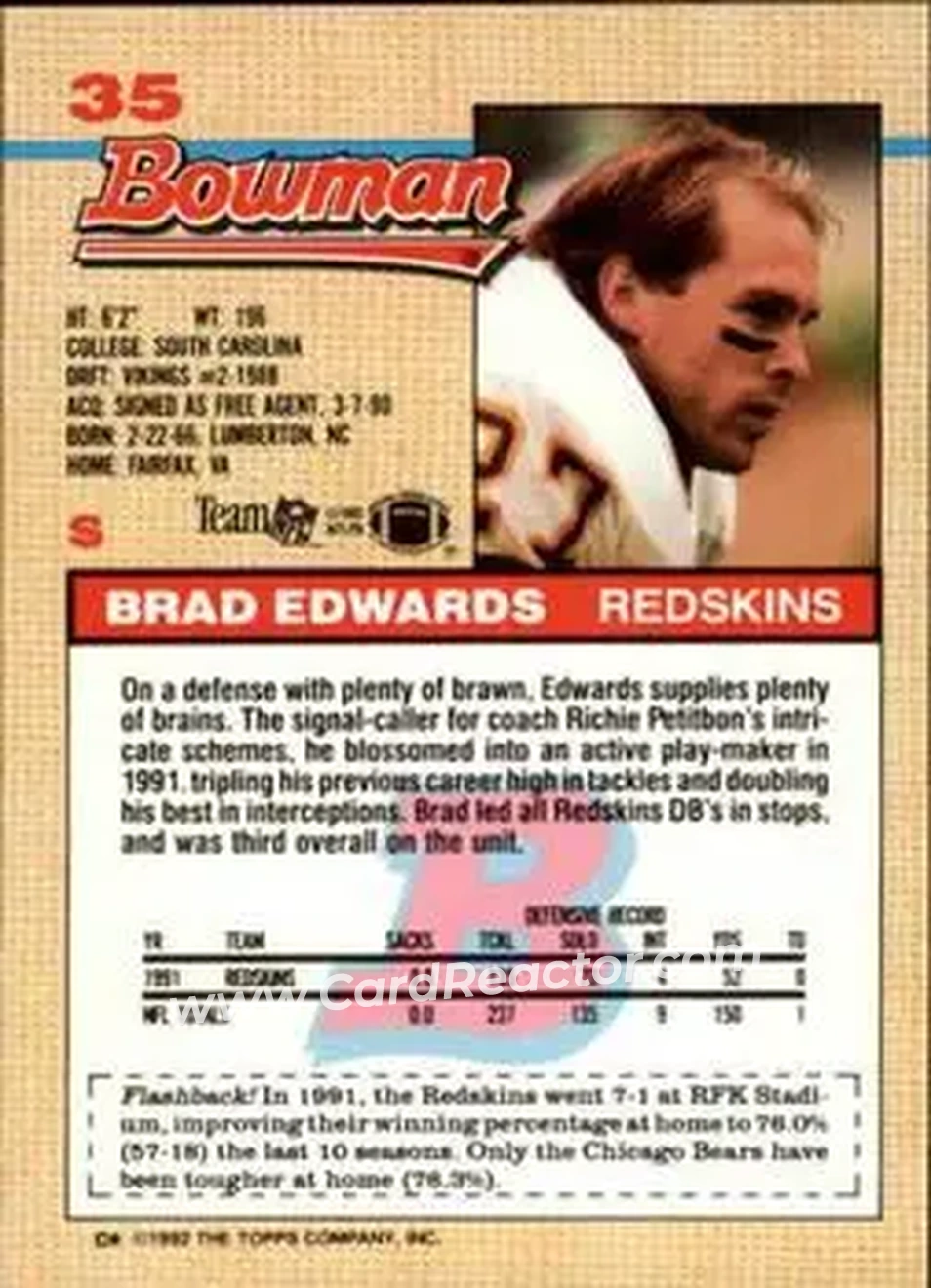 1992 Bowman #35 - Brad Edwards - Washington Redskins - Back