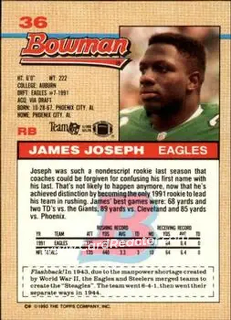 1992 Bowman #36 - James Joseph - Philadelphia Eagles - Back