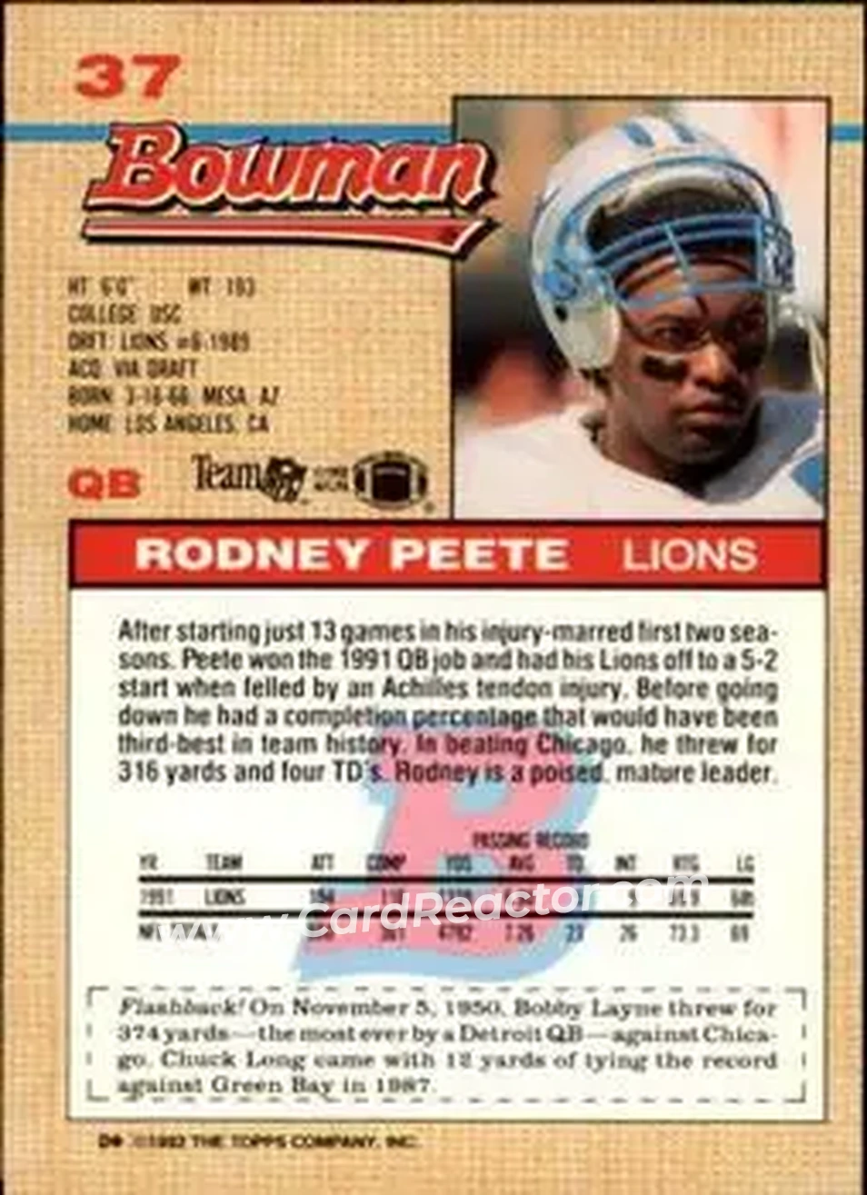 1992 Bowman #37 - Rodney Peete - Detroit Lions - Back