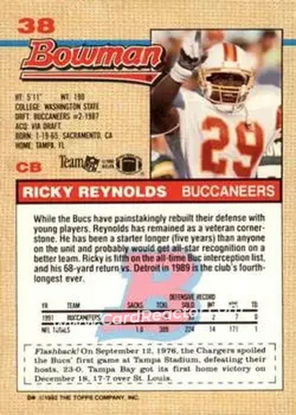 1992 Bowman #38 - Ricky Reynolds - Tampa Bay Buccaneers - Back 1992 Bowman #38 - Ricky Reynolds - Tampa Bay Buccaneers - Back