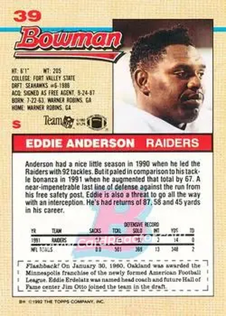 1992 Bowman #39 - Eddie Anderson - Los Angeles Raiders - Back