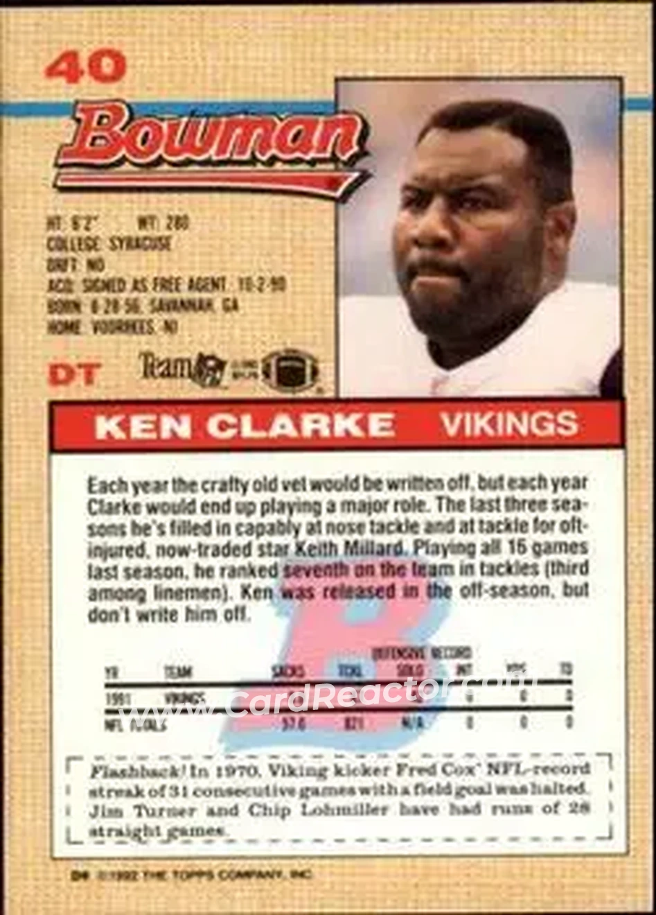1992 Bowman #40 - Ken Clarke - Minnesota Vikings - Back