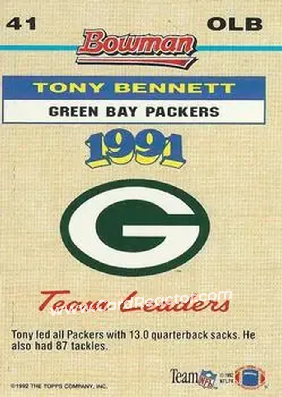 1992 Bowman #41 - Tony Bennett - Green Bay Packers - Back