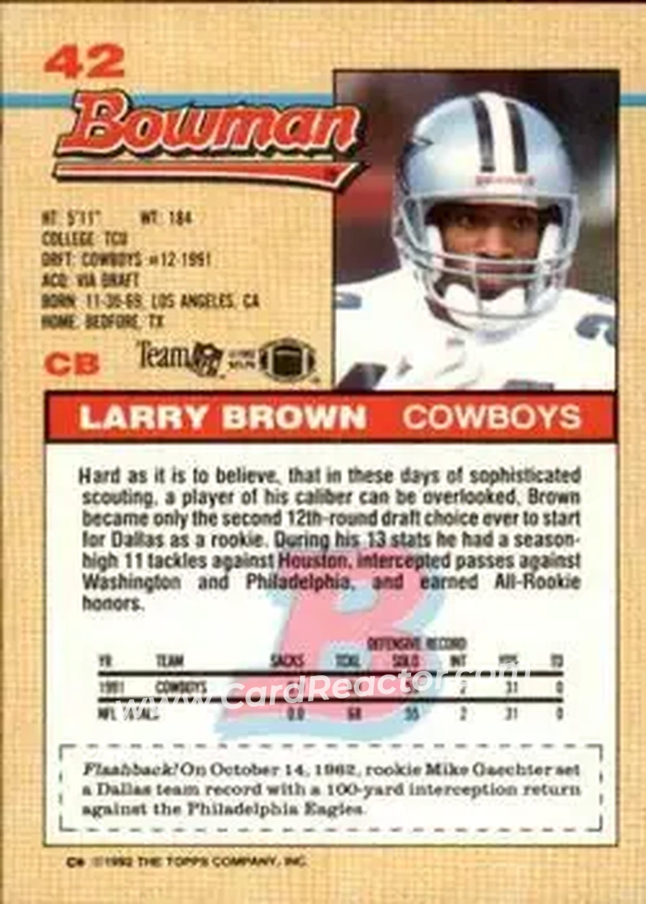 1992 Bowman #42 - Larry Brown - Dallas Cowboys - Back