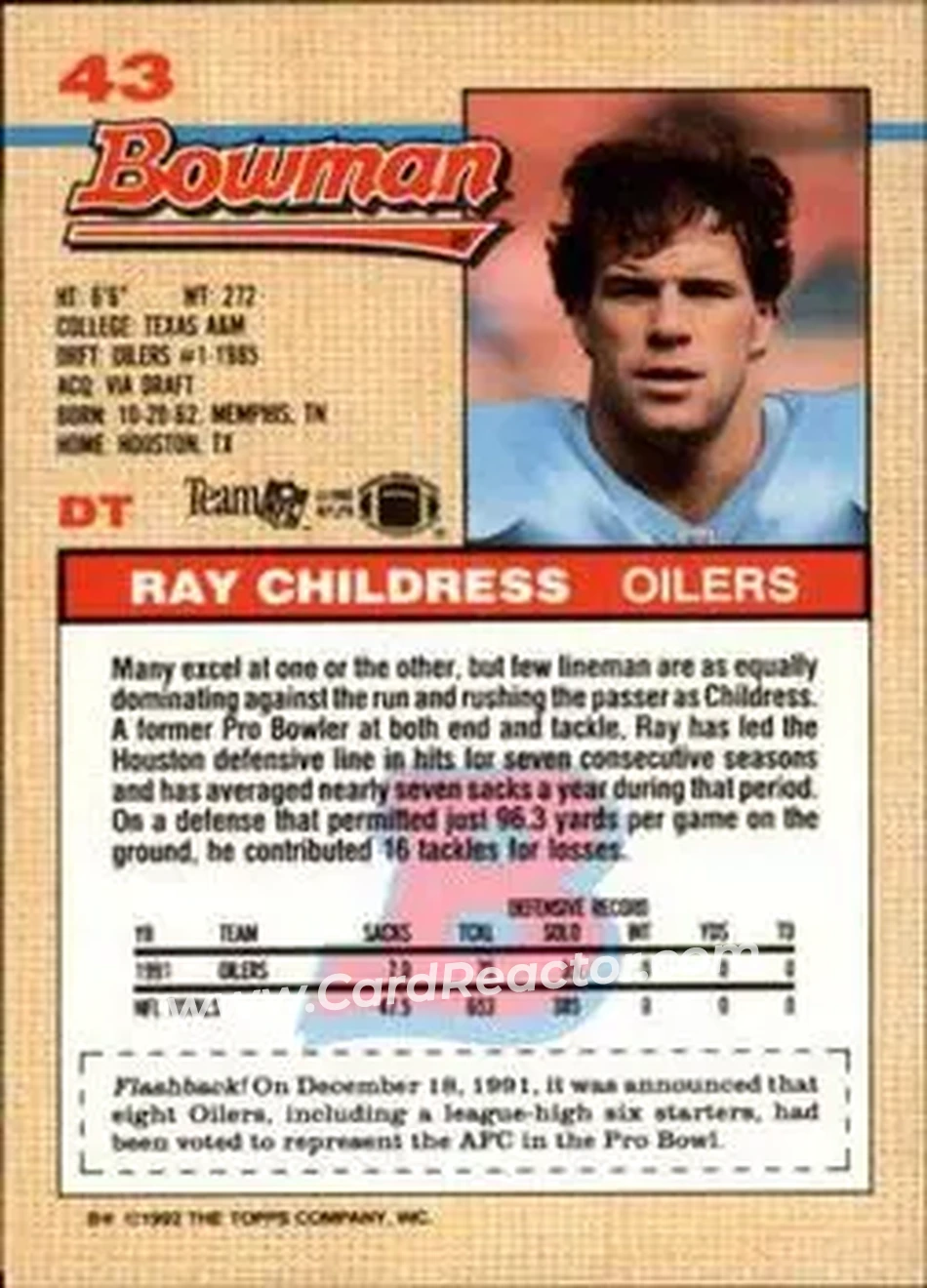 1992 Bowman #43 - Ray Childress - Houston Oilers - Back