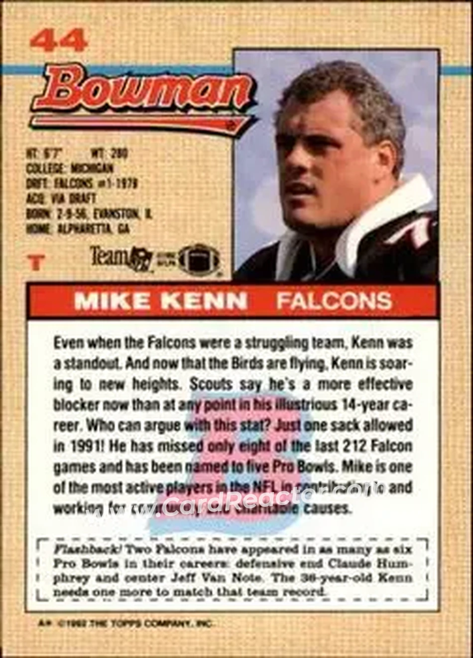 1992 Bowman #44 - Mike Kenn - Atlanta Falcons - Back