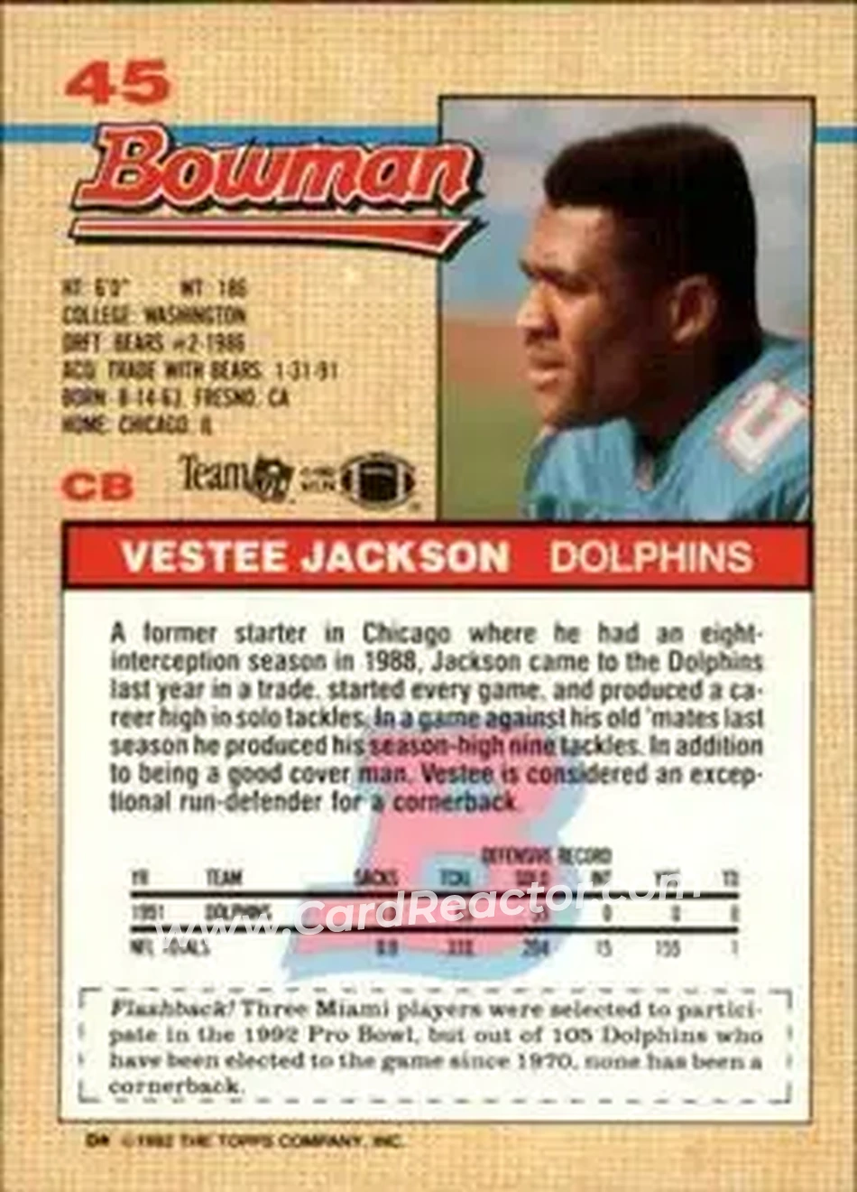 1992 Bowman #45 - Vestee Jackson - Miami Dolphins - Back