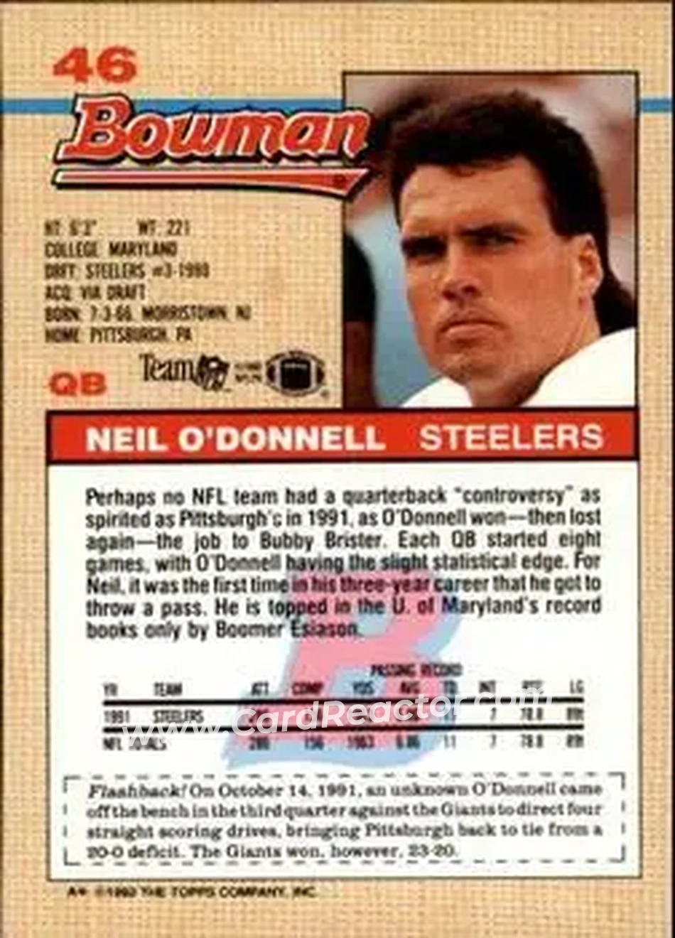 1992 Bowman #46 - Neil O'Donnell - Pittsburgh Steelers - Back