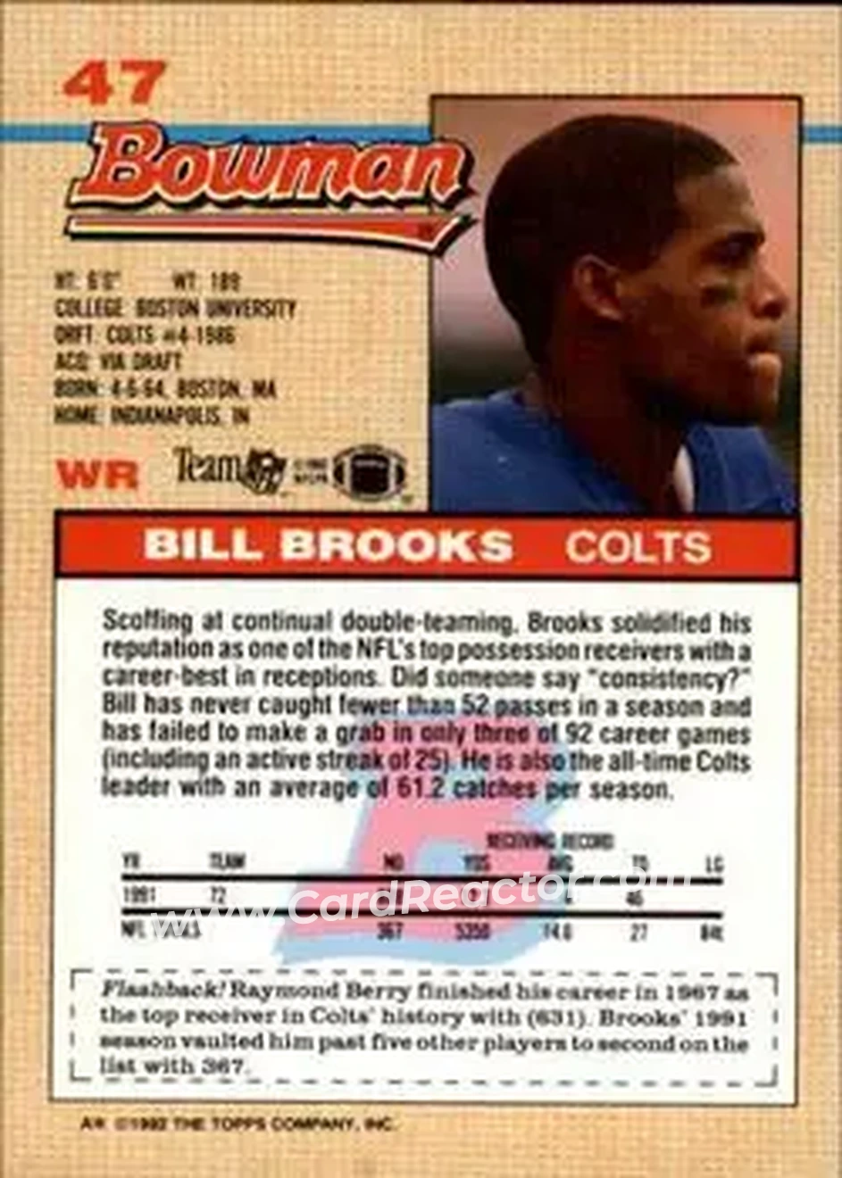 1992 Bowman #47 - Bill Brooks - Indianapolis Colts - Back