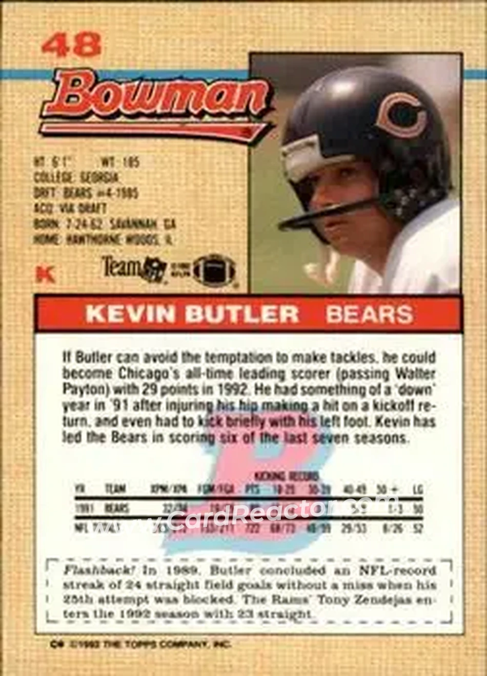 1992 Bowman #48 - Kevin Butler - Chicago Bears - Back