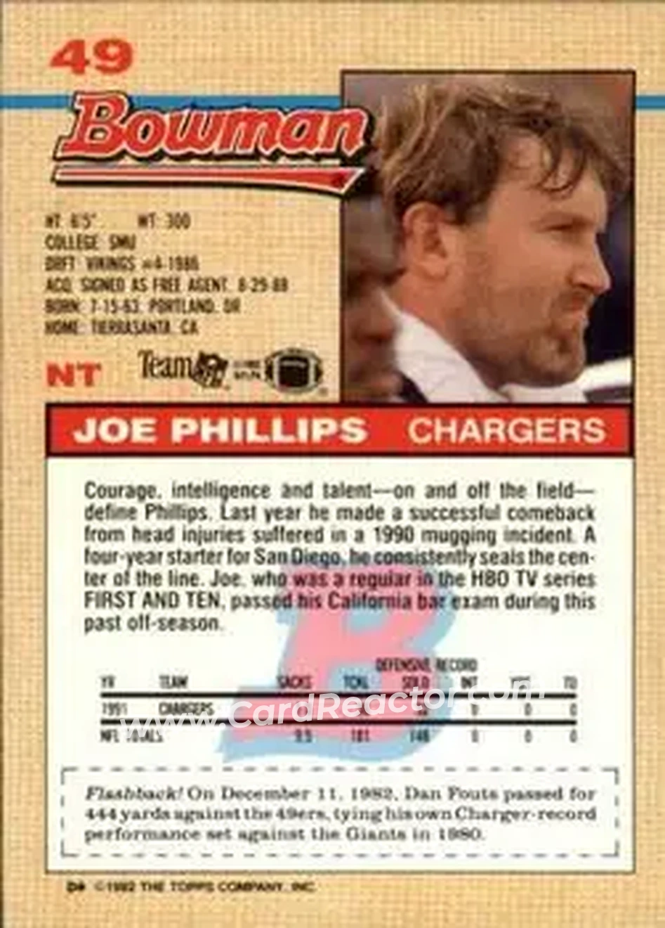 1992 Bowman #49 - Joe Phillips - San Diego Chargers - Back
